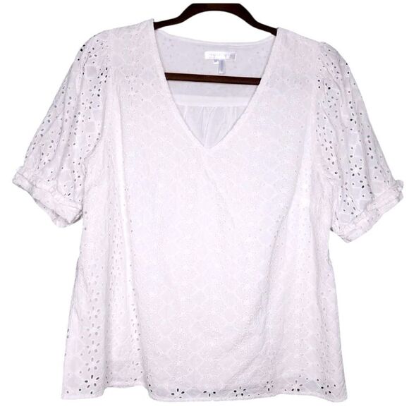 Draper James Eyelet Top Medium White Short Puff Sleeve V-Neck large - Picture 1 of 5